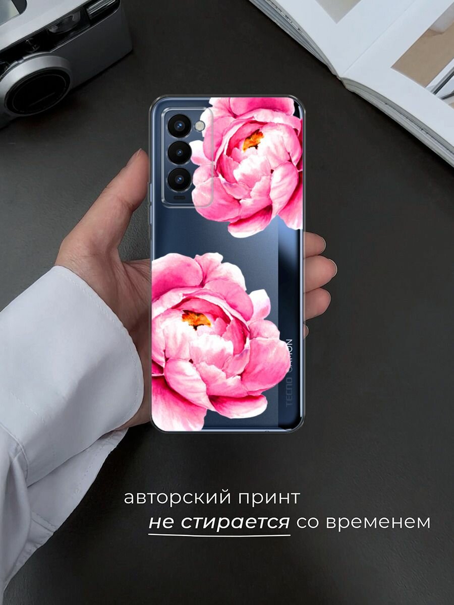 Чехол на Tecno Camon 18P / Техно Камон 18Р с принтом "Open peonies", прозрачный — фото 1