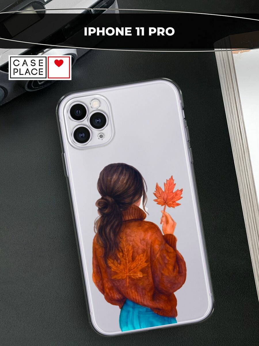 Чехол на Apple iPhone 11 Pro / Айфон 11 Про с принтом "Девушка с опавшим листом", прозрачный