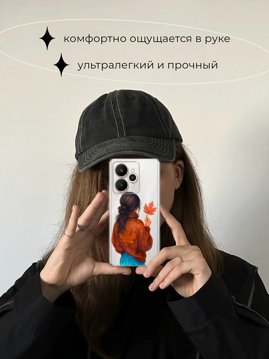 Чехол на Realme 15 / Реалми 15 с принтом "Девушка с опавшим листом", прозрачный — фото 1