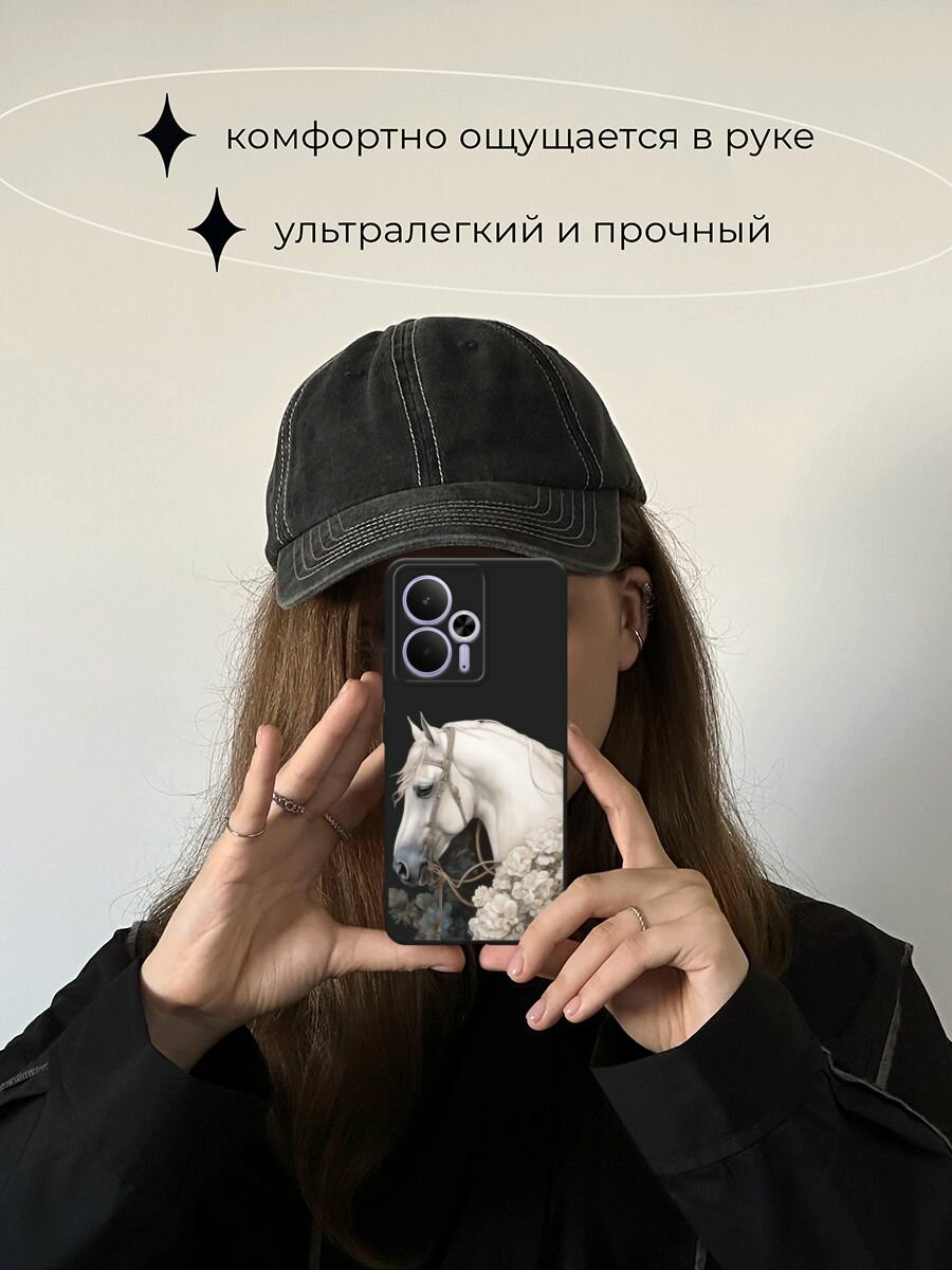 Черный матовый чехол на Realme 14T / Реалми 14Т с принтом "Благородный конь" — фото 1