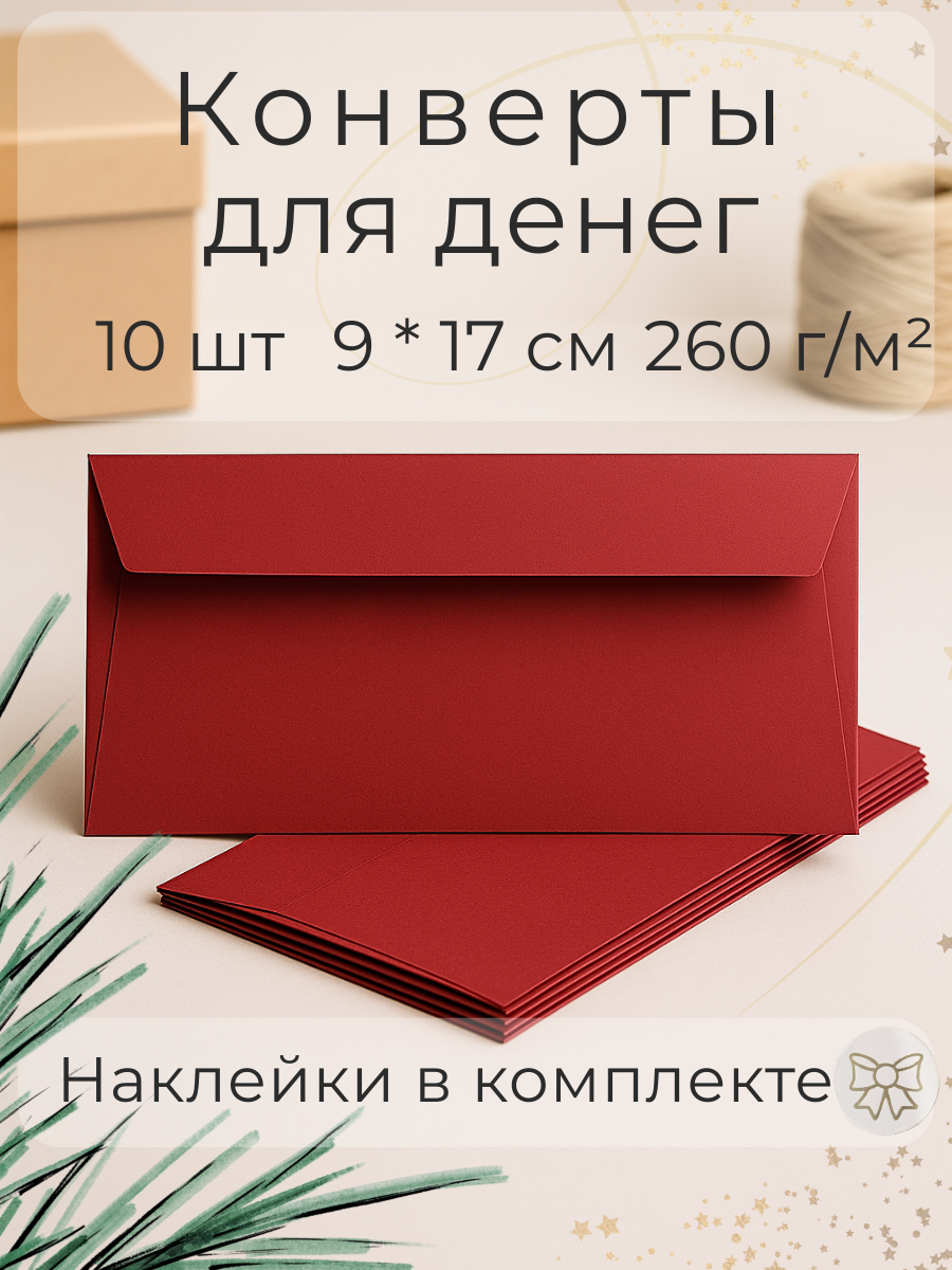 Конверты для денег однотонные красные 17*9см 10 шт