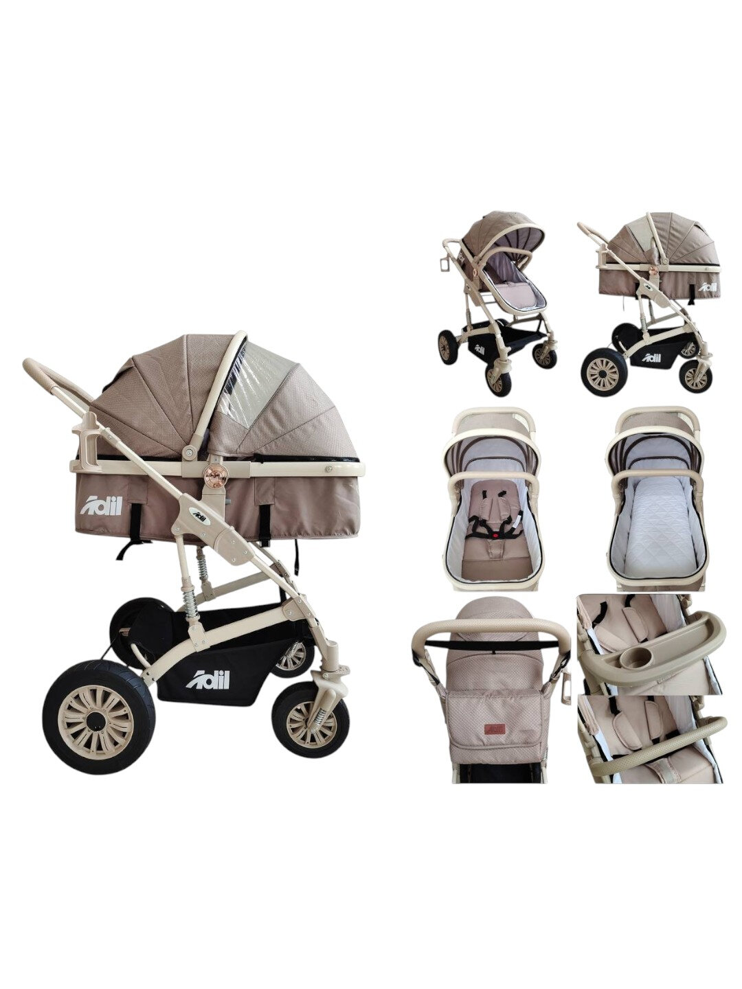 Коляска Adil M9, бежевая, меланж, экокожа, всесезон, 4 колеса