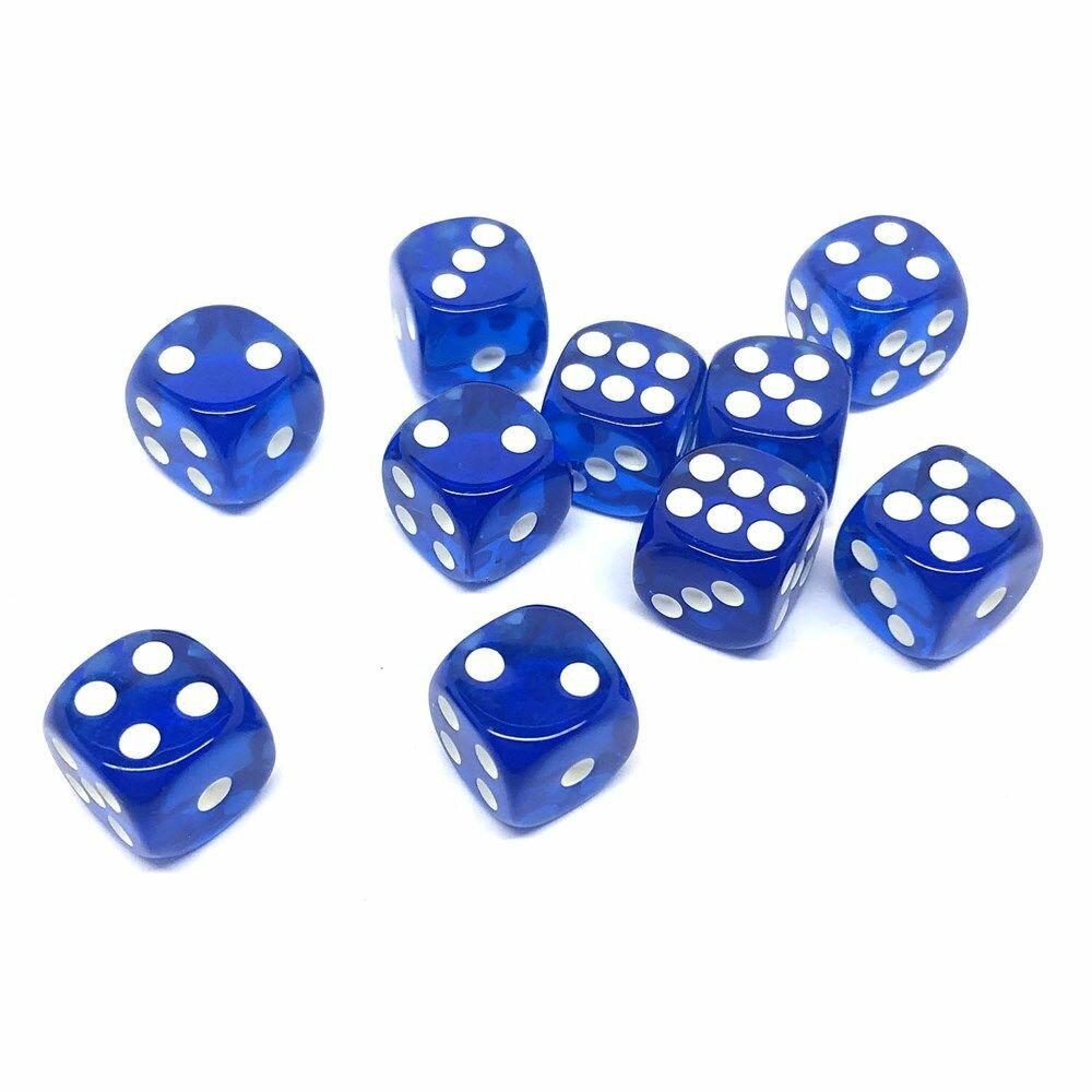 Кубики игральные д6 12мм 10шт. Синие прозрачные — фото 1
