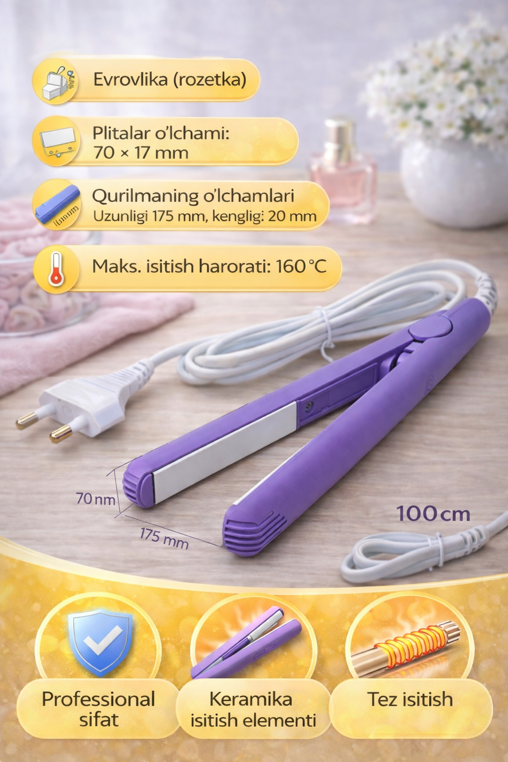 Мини-выпрямитель для волос Максимальная температура нагрева: 160 °C — фото 1