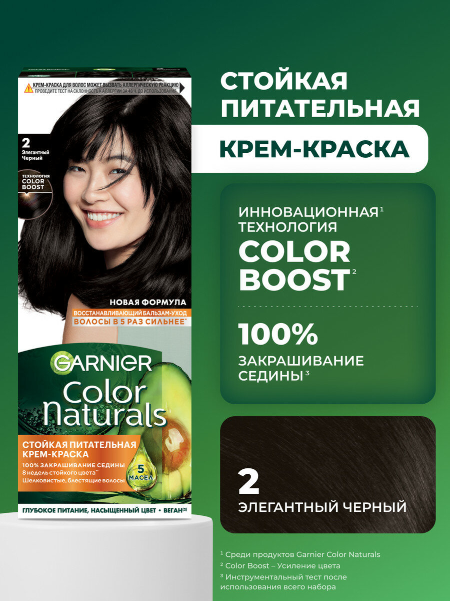 Garnier Стойкая питательная крем-краска для волос Color Naturals, оттенок 2.0, Элегантный черный