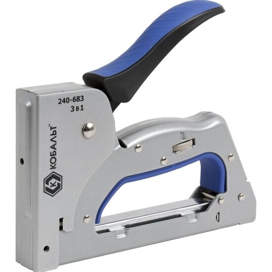 Степлер механический Кобальт 3 в 1 скобы 6-14мм тип 53 шпильки до 14мм гвозди до 14мм цель/мет. корп рег. удара прорез. рук-ка (240-683)
