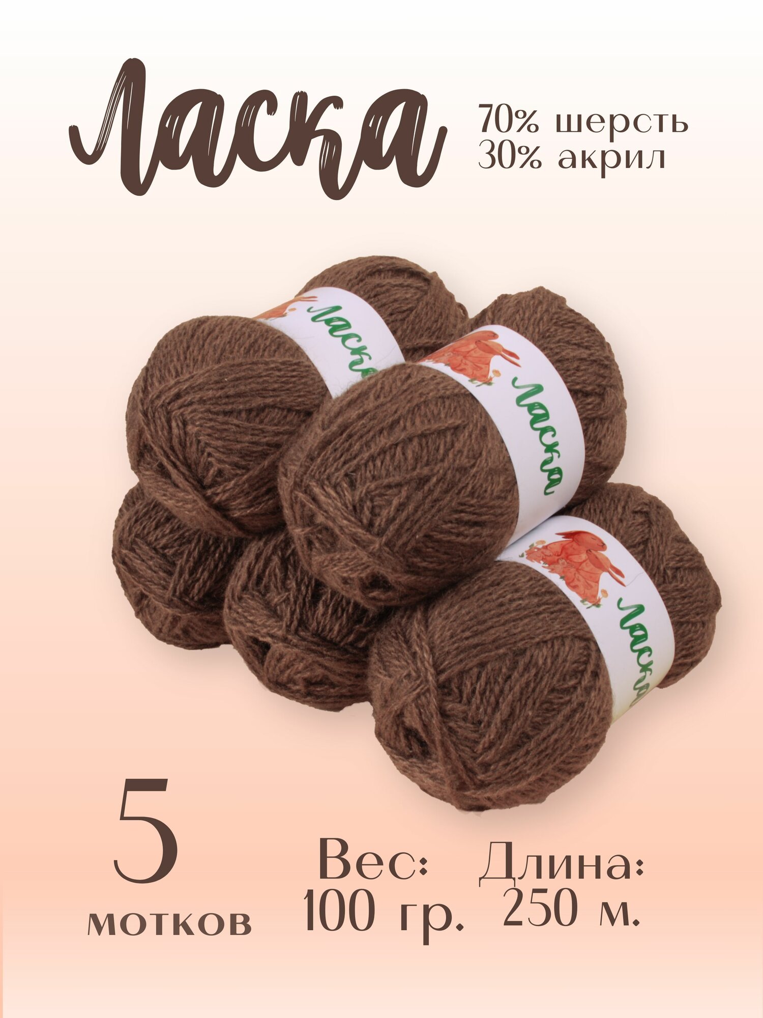 Пряжа для вязания Alpira "Ласка" шерсть 70% акрил 30% 5 мотков 100г/250м кофе