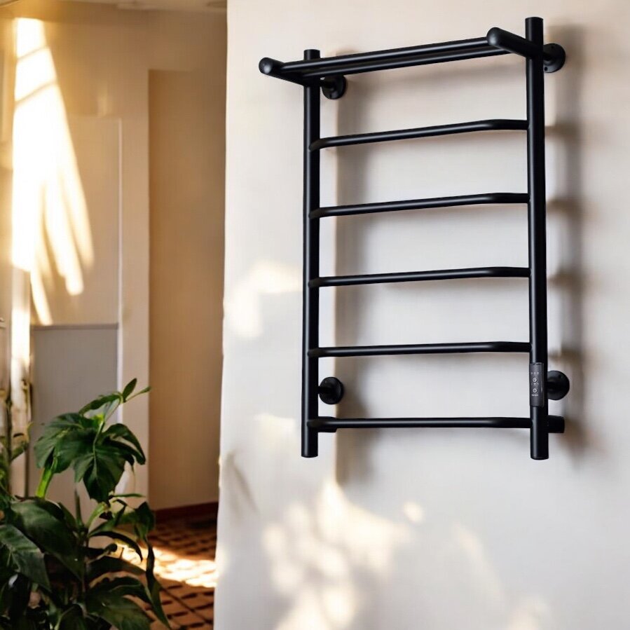 Полотенцесушитель электрический Тругор 800мм 500 мм черный 5 перекладин с полкой (универсальное подключение: