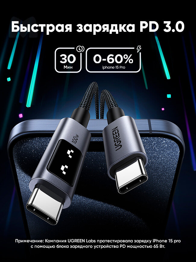 Кабель UGREEN L509 UNO USB-C 2.0 (m) - USB-C 2.0 (m) Robot, 5A, 2м, черный/серый (35512) — фото 1