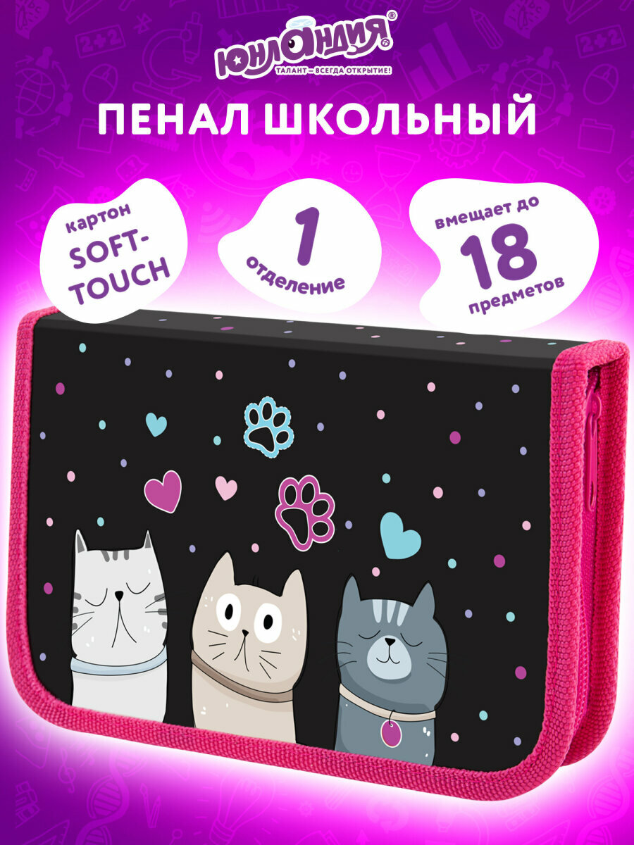 Пенал школьный для девочек для карандашей и ручек с 1 отделением канцелярия для школы картон soft-touch 19х11 см Юнландия Cat squad 273493
