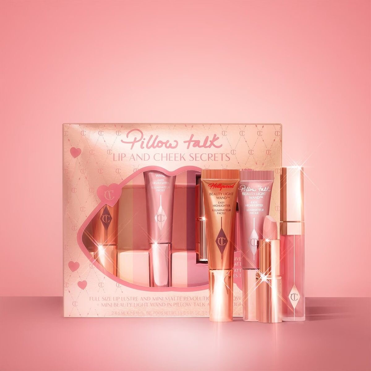 Charlotte Tilbury Набор косметики хайлайтер (2 шт) + помада + блеск для ГУБ "Pillow Talk Lip and Cheek Secrets Set"