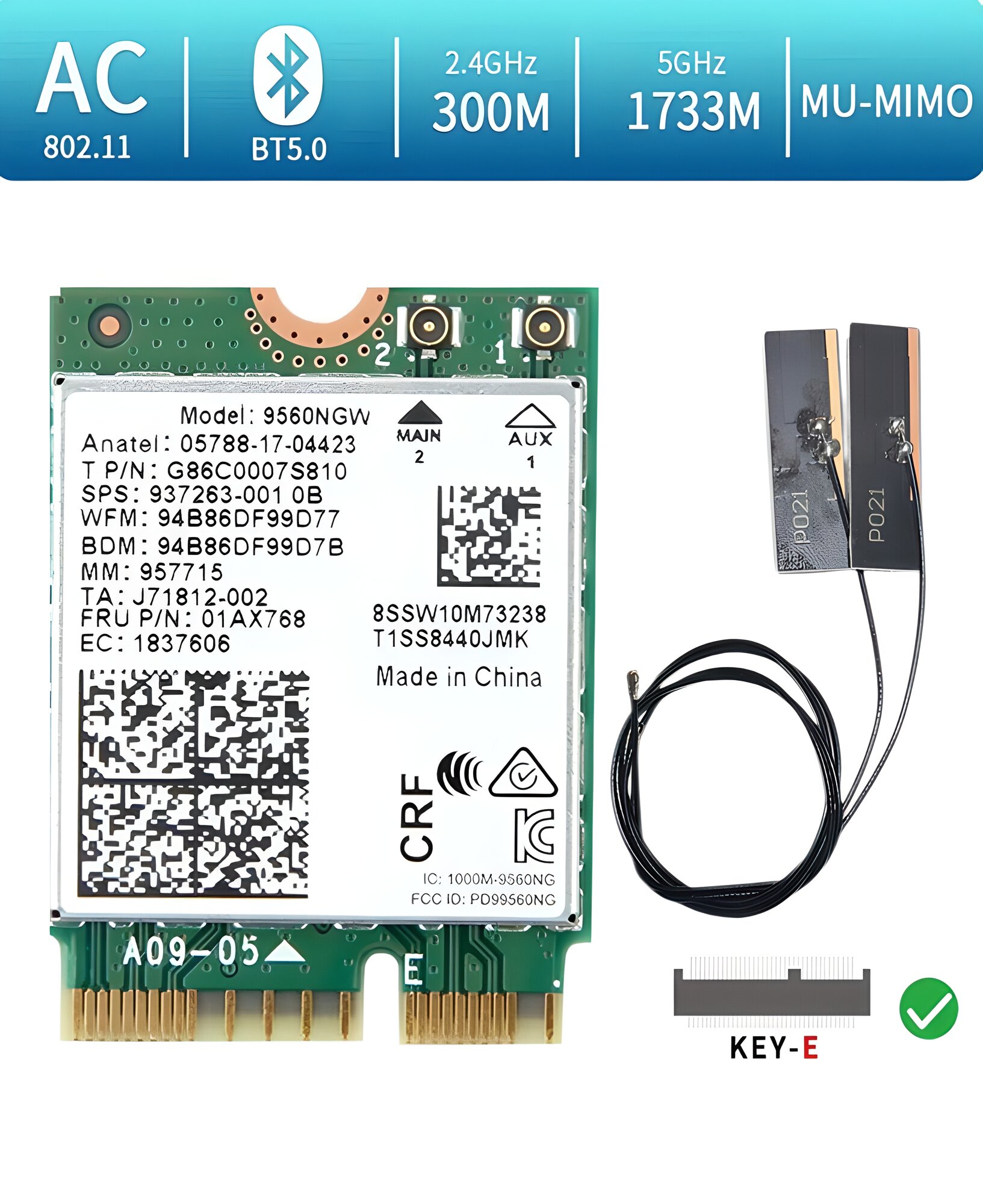 WiFi адаптер для ноутбука M.2 CNVI 2 диапазона 2,4 Ггц, 5 Ггц плюс Bluetooth 5.0