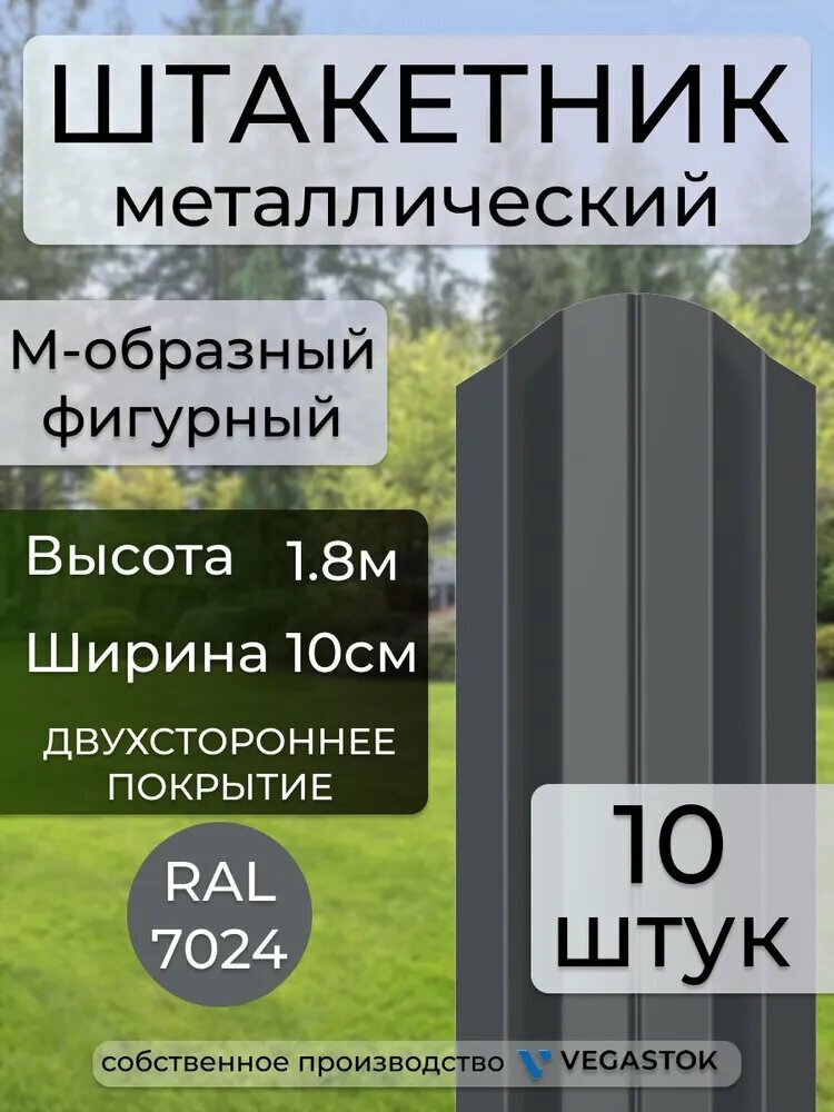 Штакетник М-образный фигурный двухсторонний темно-серый 18м 10шт M 形异形双面深灰色栅栏，1.8 米，10 件