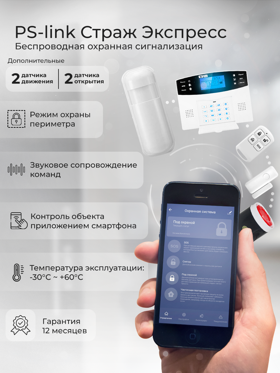 Комплект охранной GSM/WIFI сигнализации Ps-Link PG500-4, 2 датчика движения и 2 датчика открытия
