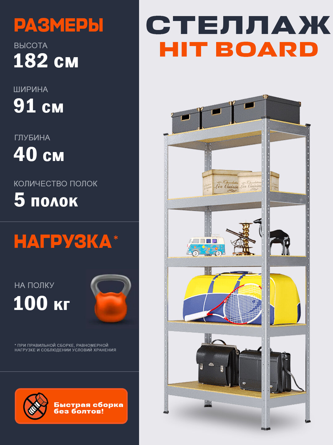 Стеллаж металлический HIT BOARD 912х400х1824/ 5 полок МДФ /оцинкованный