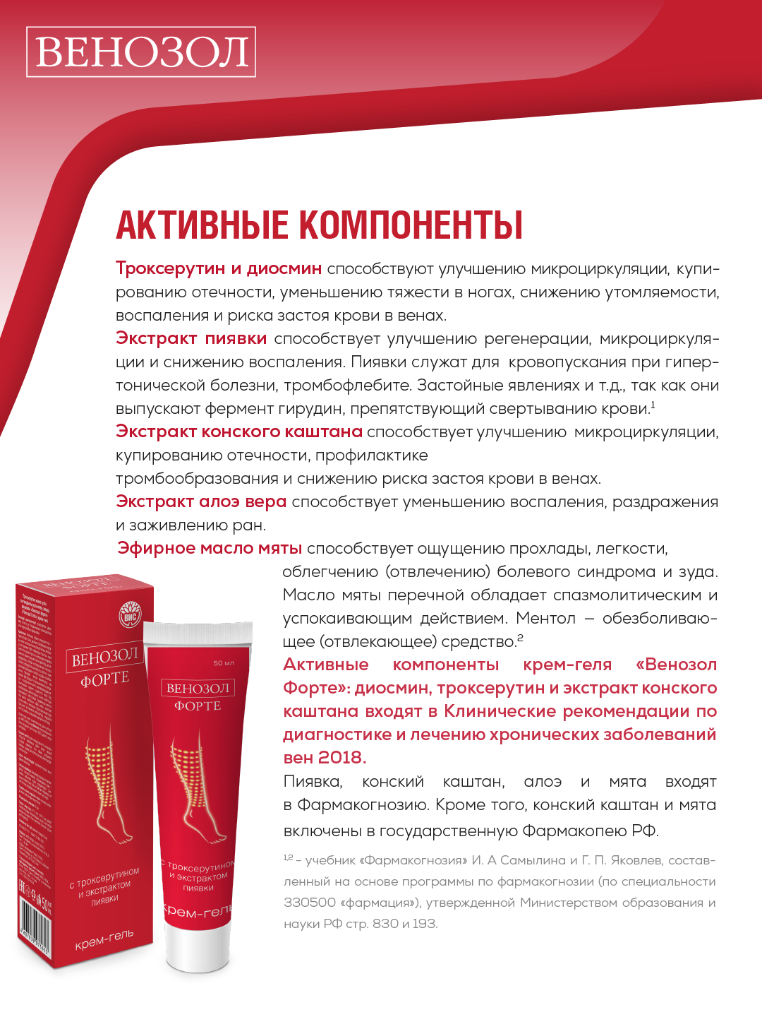 Изображение Венозол форте крем-гель для ног с троксерутином, диосмином, экстрактами пиявки 50 мл 1 шт