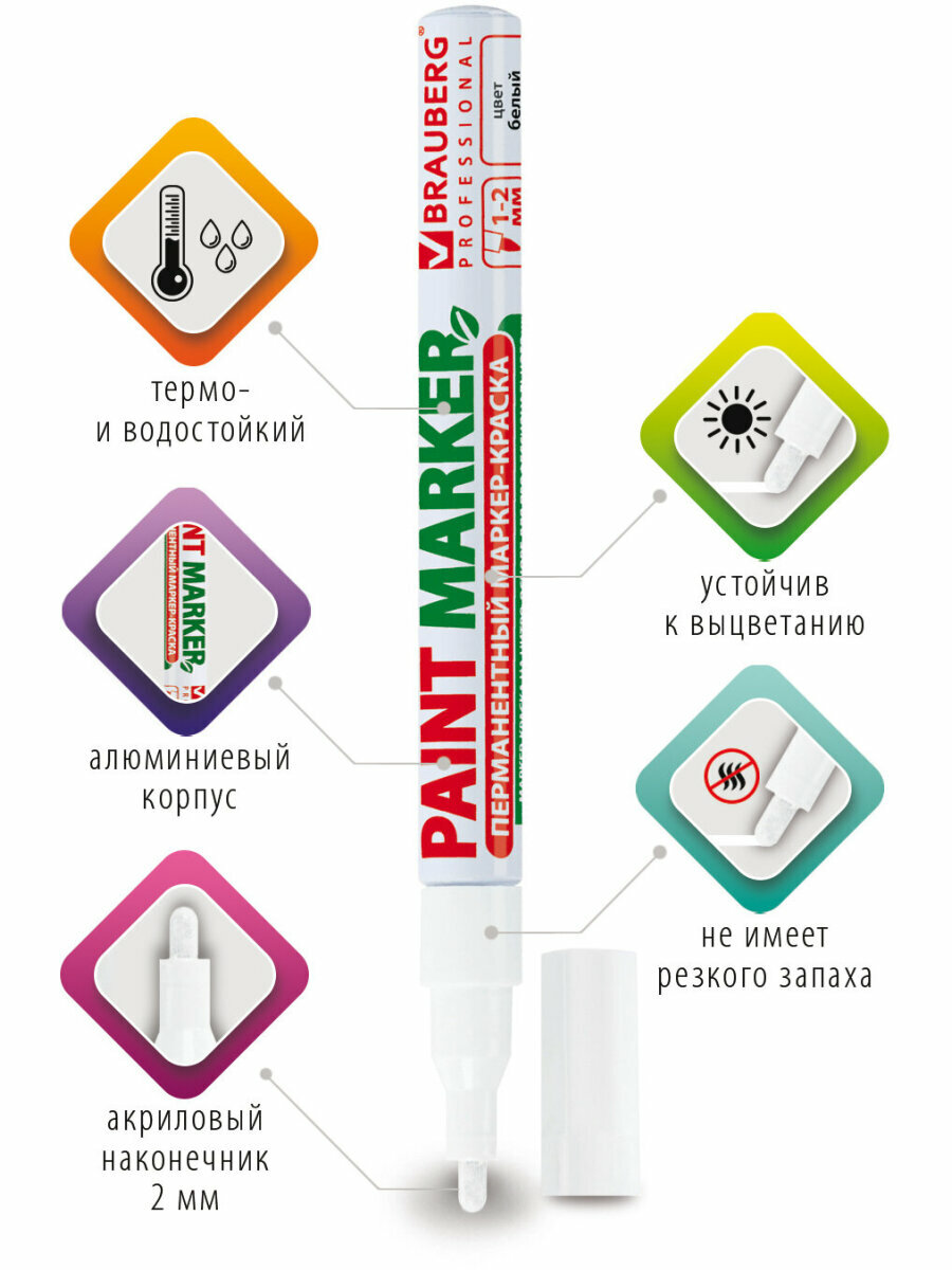 Маркер краска лаковый paint marker 2 мм строительный белый, фломастер, без запаха, алюминиевый корпус, Brauberg Professional, 150869 — фото 1