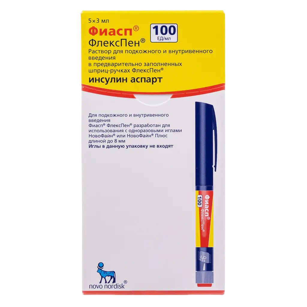 Фиасп раствор для в/в и п/к введ 100 ед/мл 3 мл картриджи в шприц-ручках флекспен 5 шт