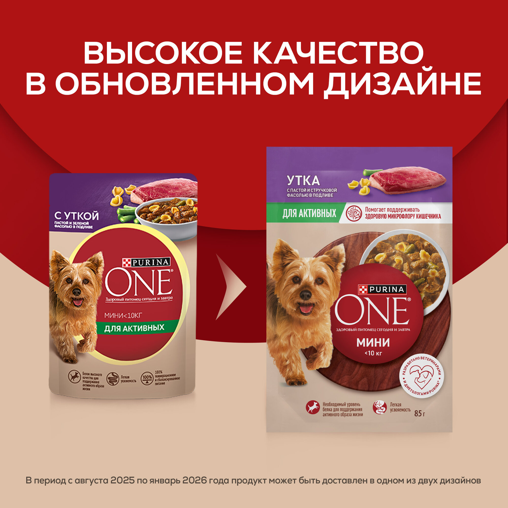 Влажный корм Purina ONE® мини для активных собак мелких пород с уткой, пастой и зеленой фасолью в подливе 85 г x 26 шт — фото 1