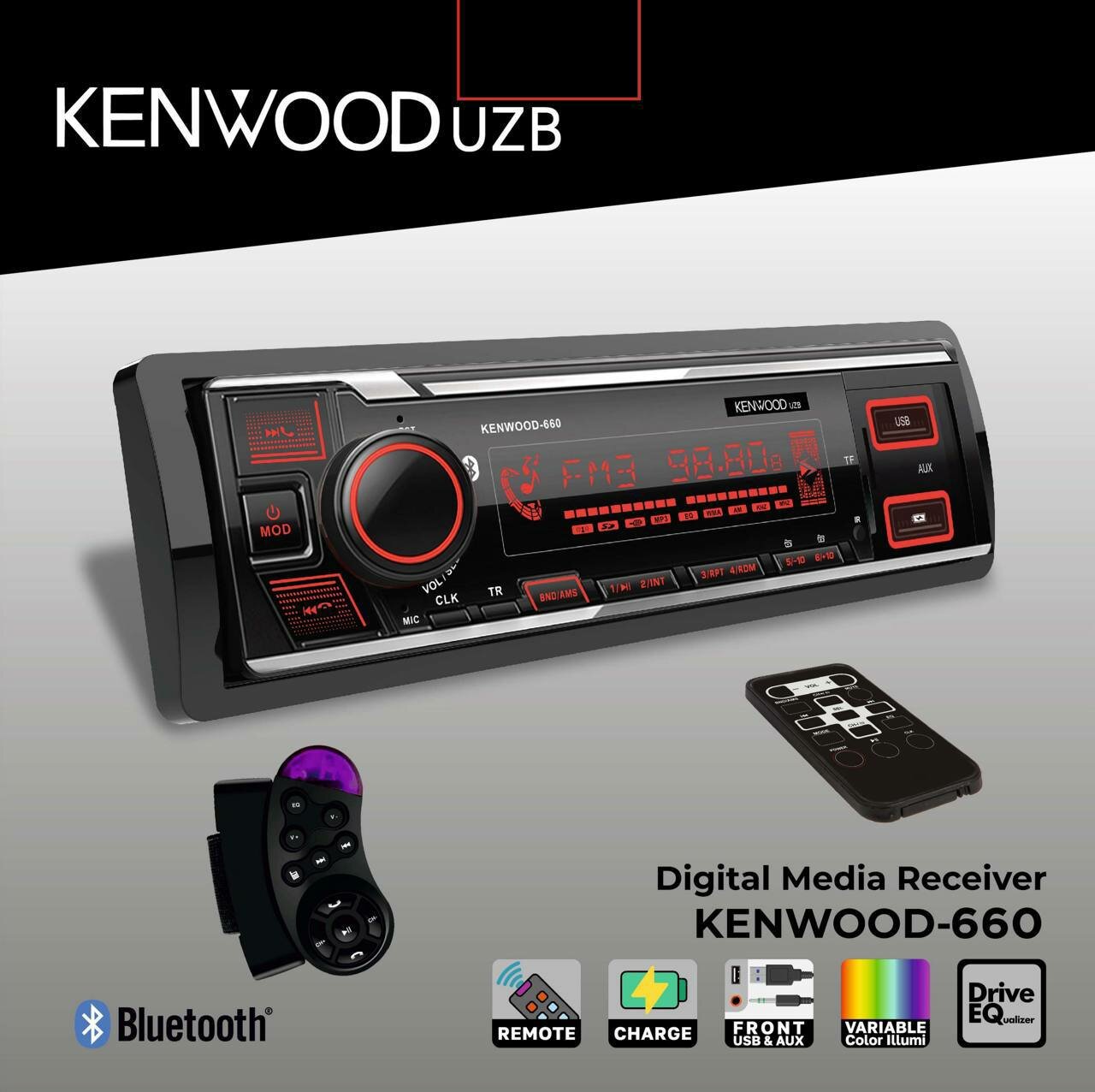 Автомагнитола радио KENWOOD с Bluetooth, USB, AUX и мощным звуком для авто