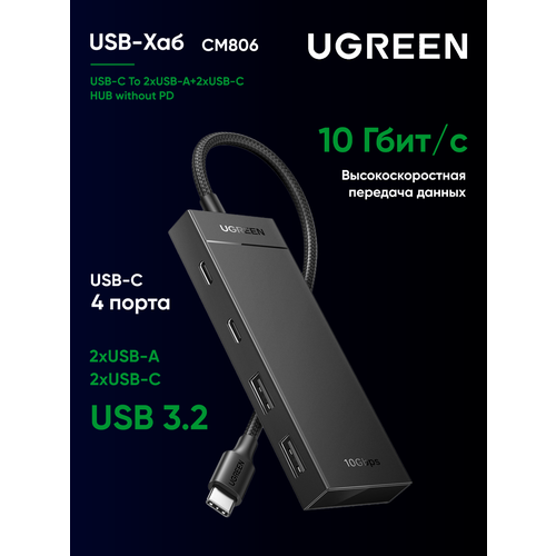 Хаб UGREEN CM806 (35583) USB-C To 2xUSB-A + 2xUSB-C HUB without PD. Цвет: черный