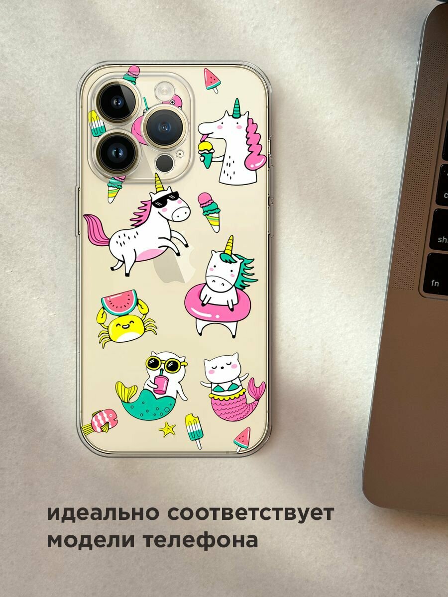 Чехол на Apple iPhone 14 Pro Max / Айфон 14 Про Макс с принтом "Единороги в отпуске", прозрачный — фото 1