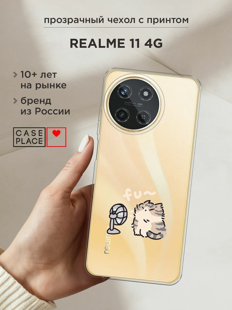 Чехол на Realme 11 4G / Реалми 11 4G с принтом "Котик с вентилятором", прозрачный