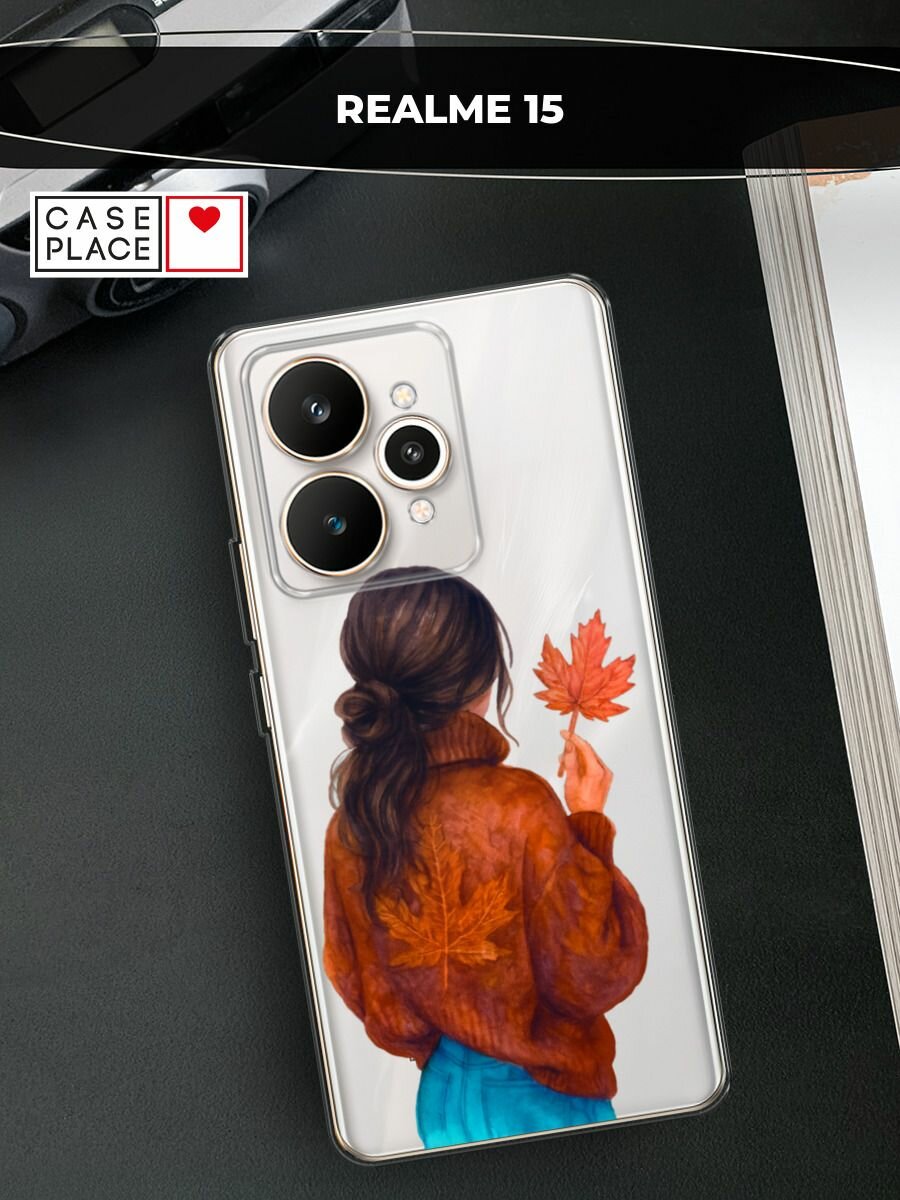 Чехол на Realme 15 / Реалми 15 с принтом "Девушка с опавшим листом", прозрачный