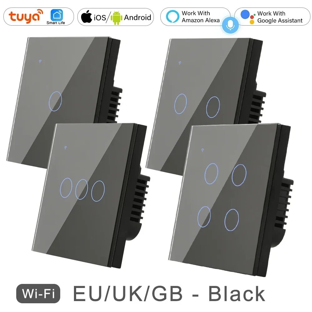 Умный выключатель Wi-Fi YIDI 1-ганг, черный, Live only no Neutral