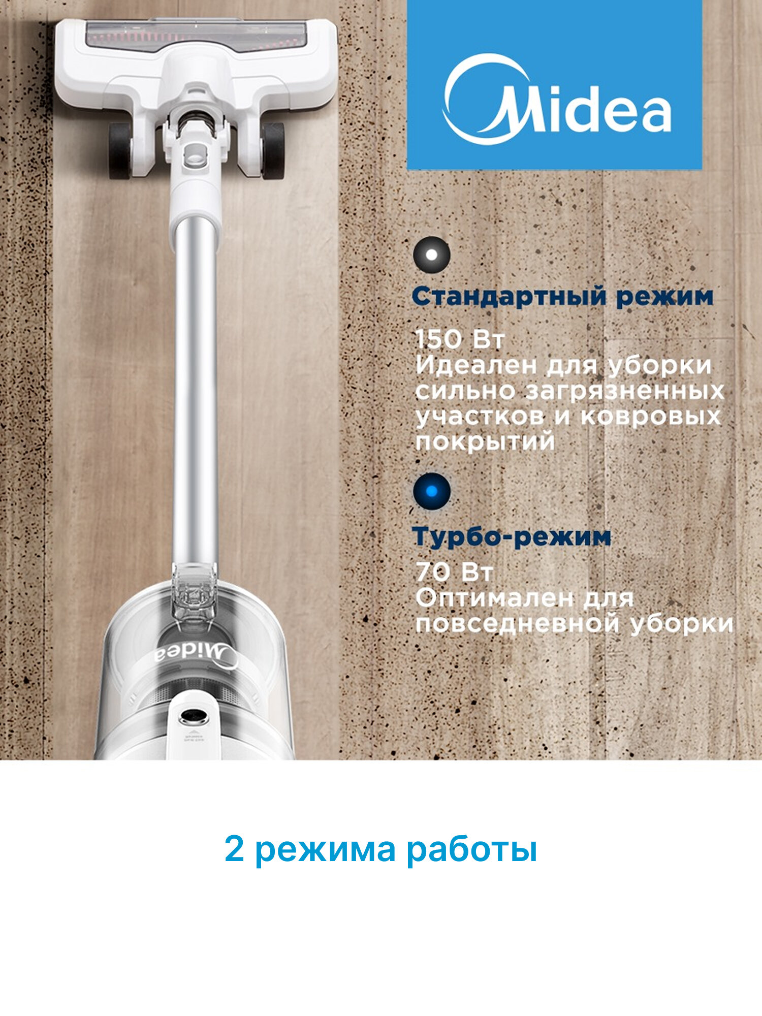 Беспроводной вертикальный пылесос Midea VSS1800, 3 насадки, стойка для хранения, турбо-режим, LED подсветка, белый — фото 1