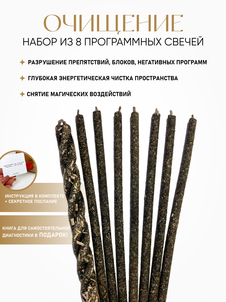 Черные магические программные свечи ТРИ истока с полынью и маслом пачули набор "Очищение" 8 шт