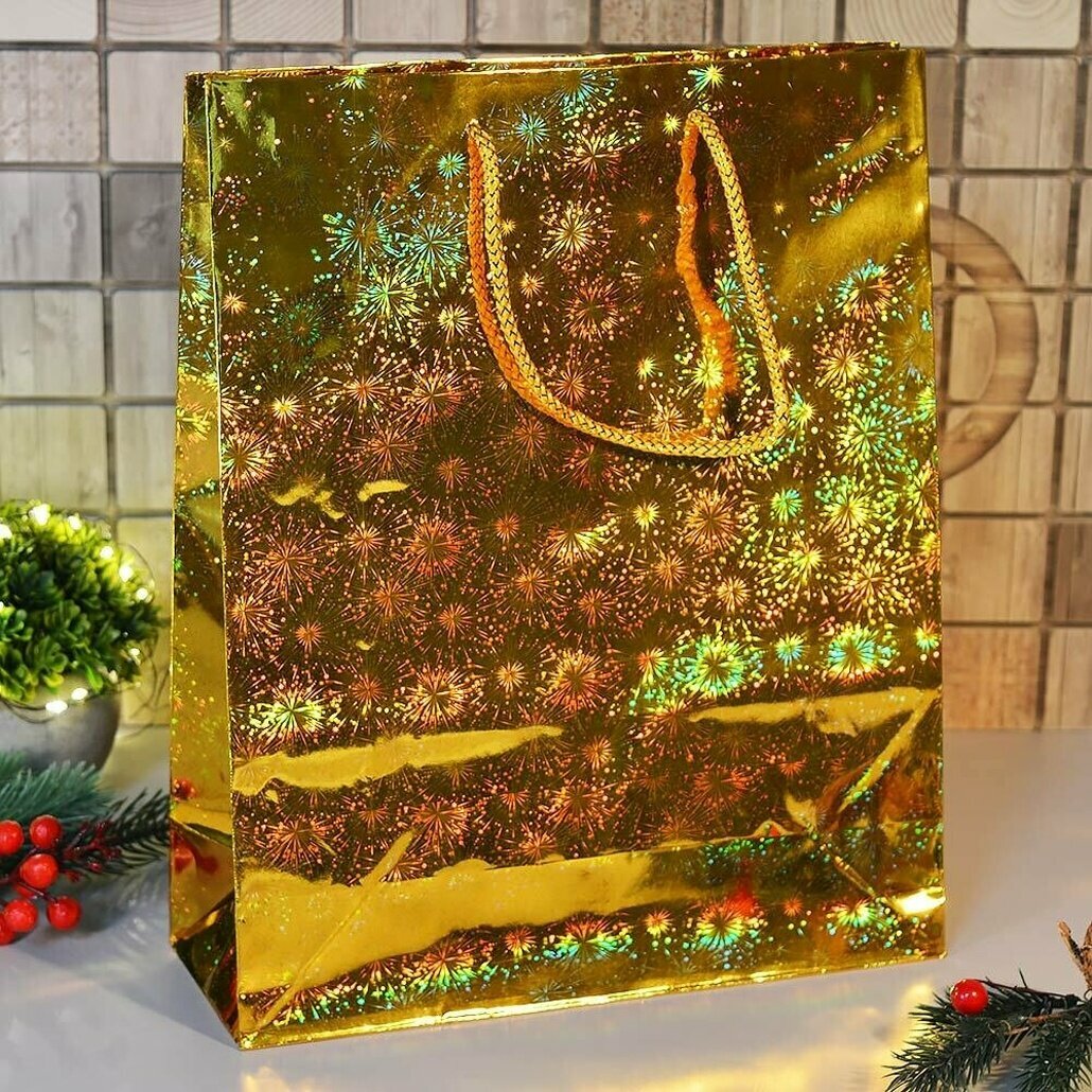 Пакет бумажный подарочный голографический 26х32х10см ручки-шнуры микс цветов плотная бумага