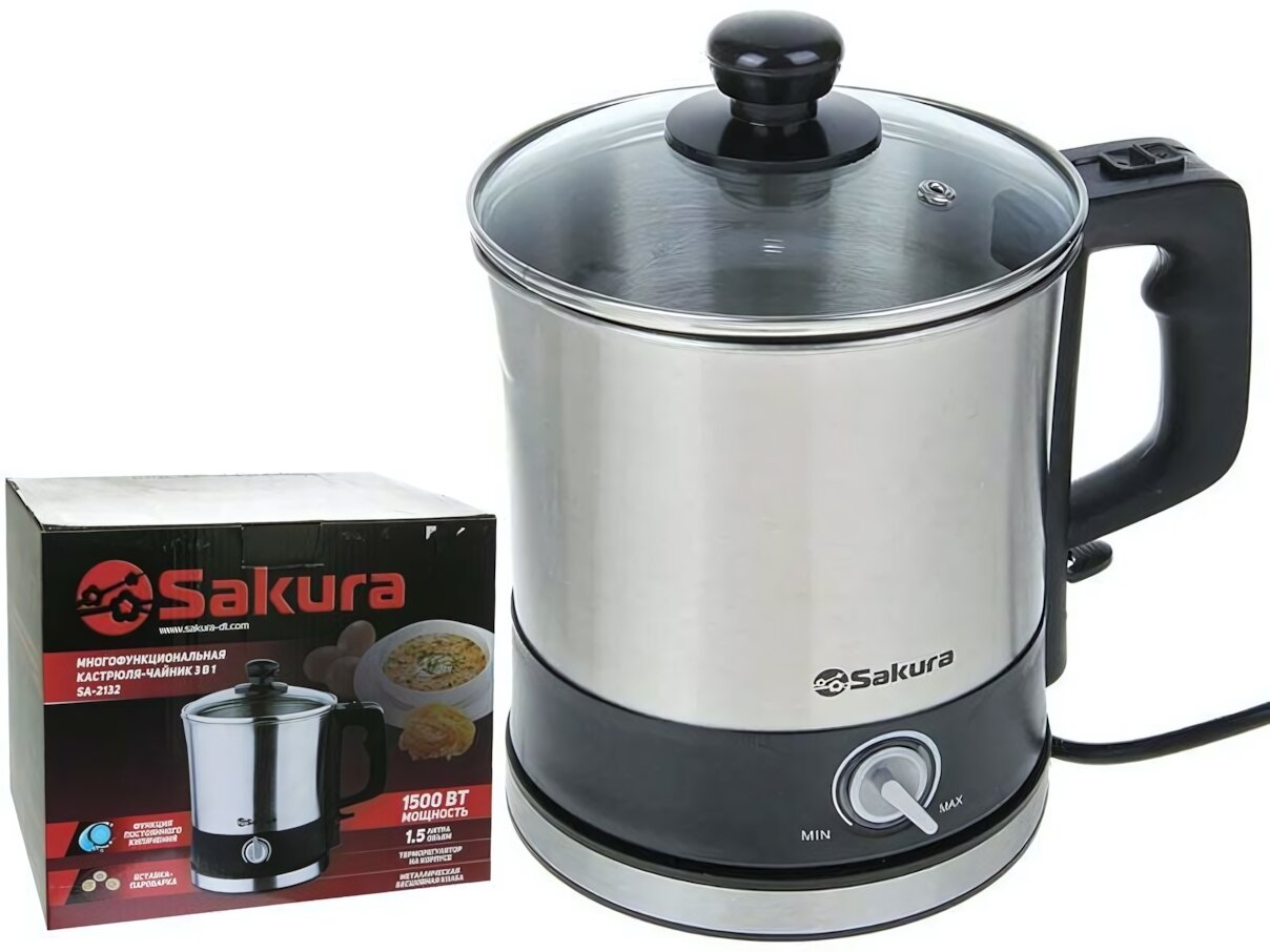 Чайник-кастрюля электрическая sakura sa-2132 1.5л, 1500вт, нержавеющая сталь, терморегулятор