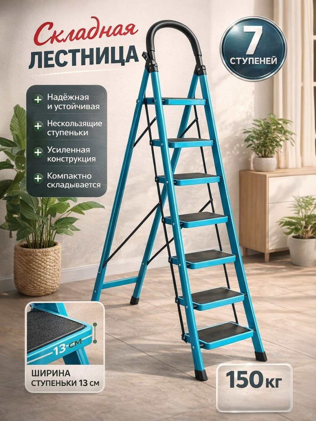 Стремянка OMAGO, 7 ступени, складная, металлическая, алюминиевая, для дома, дачи