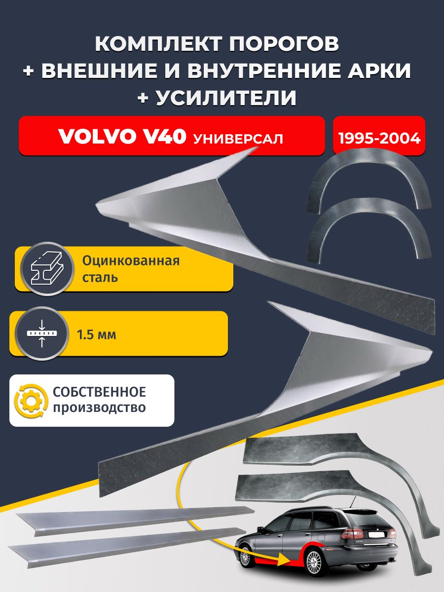 Комплект ремонтных задних внешних и внутренних арок (0,8 мм) + комплект порогов + усилители, на Volvo V40 1995-2004 Универсал (Вольво В40) Оцинкованная сталь 1.5 мм