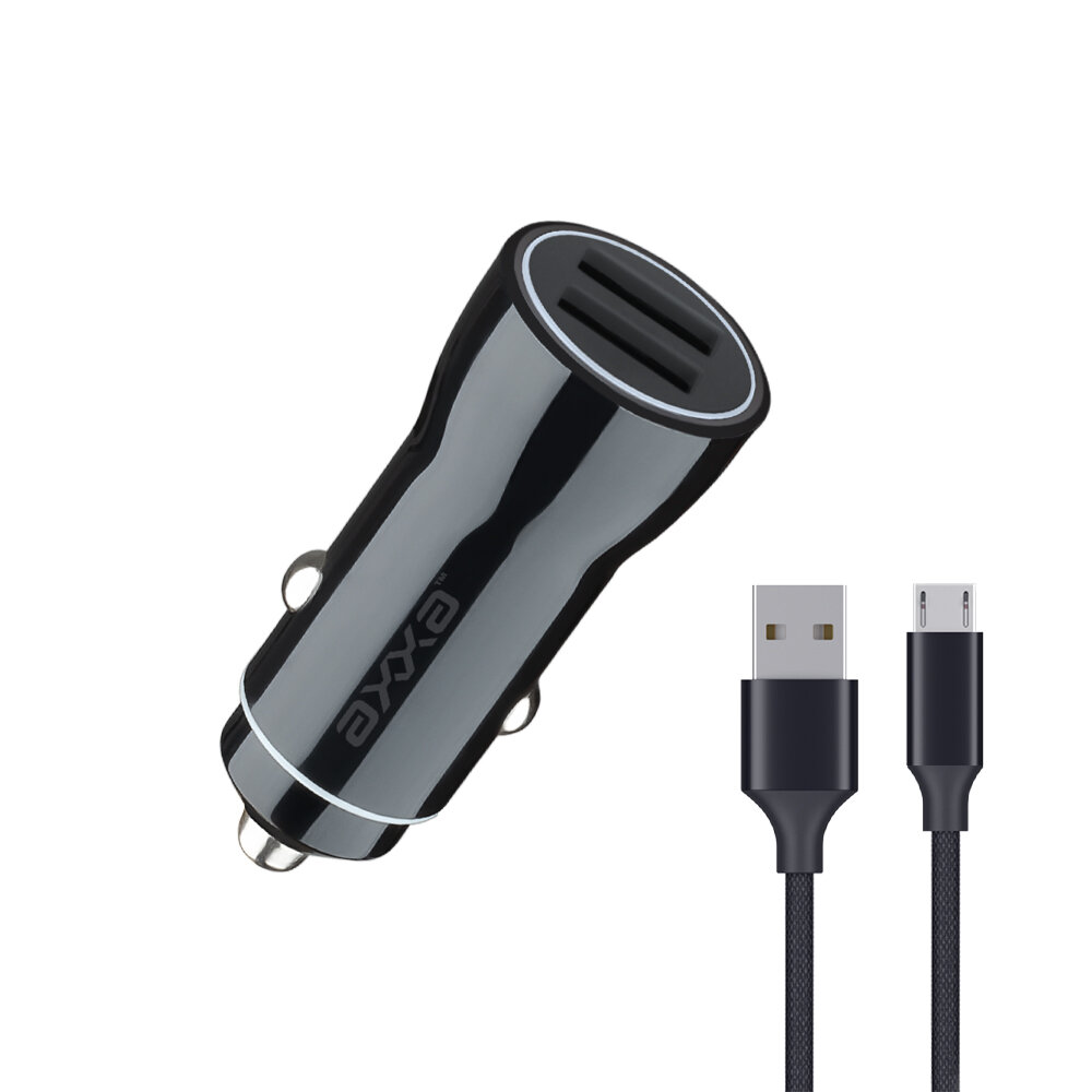 Автомобильное зарядное устройство 2 USB 2.4А, дата-кабель Micro USB, 1m, черный, Axxa, Deppa 2232