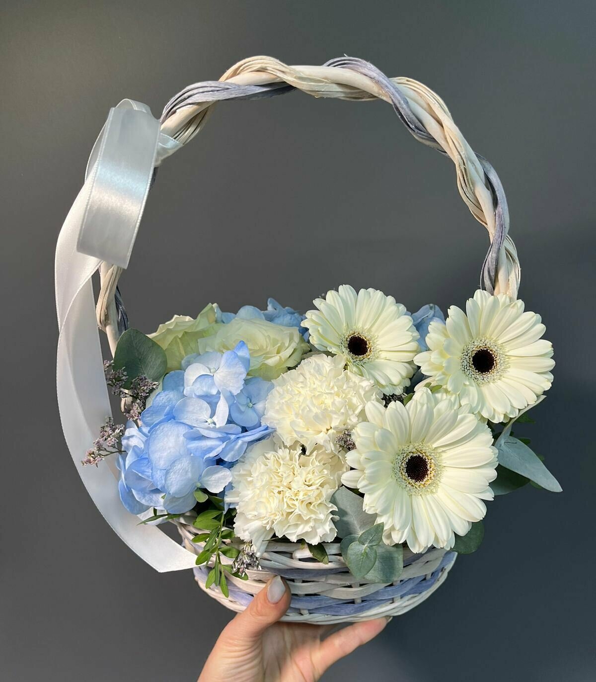 "Радость встречи" авторская корзина с герберой гортензией и розами