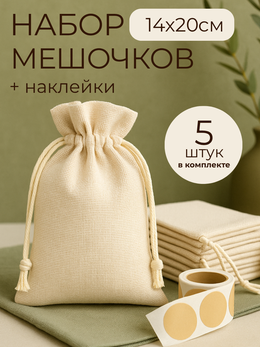 Мешочки для хранения 14*20 см 5 шт + крафтовые наклейки молочный