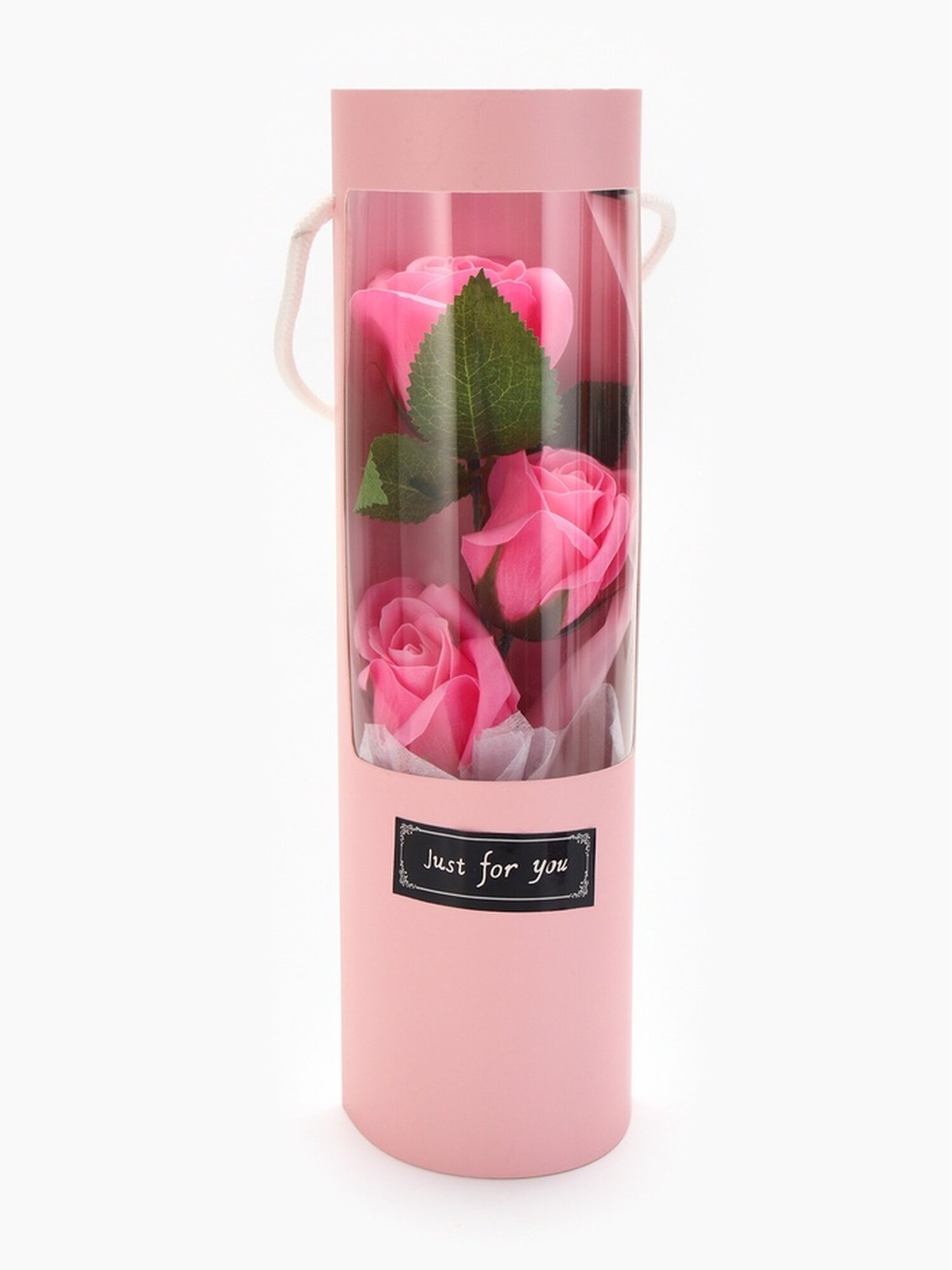 Букет из трех мыльных розовых роз в колбе.