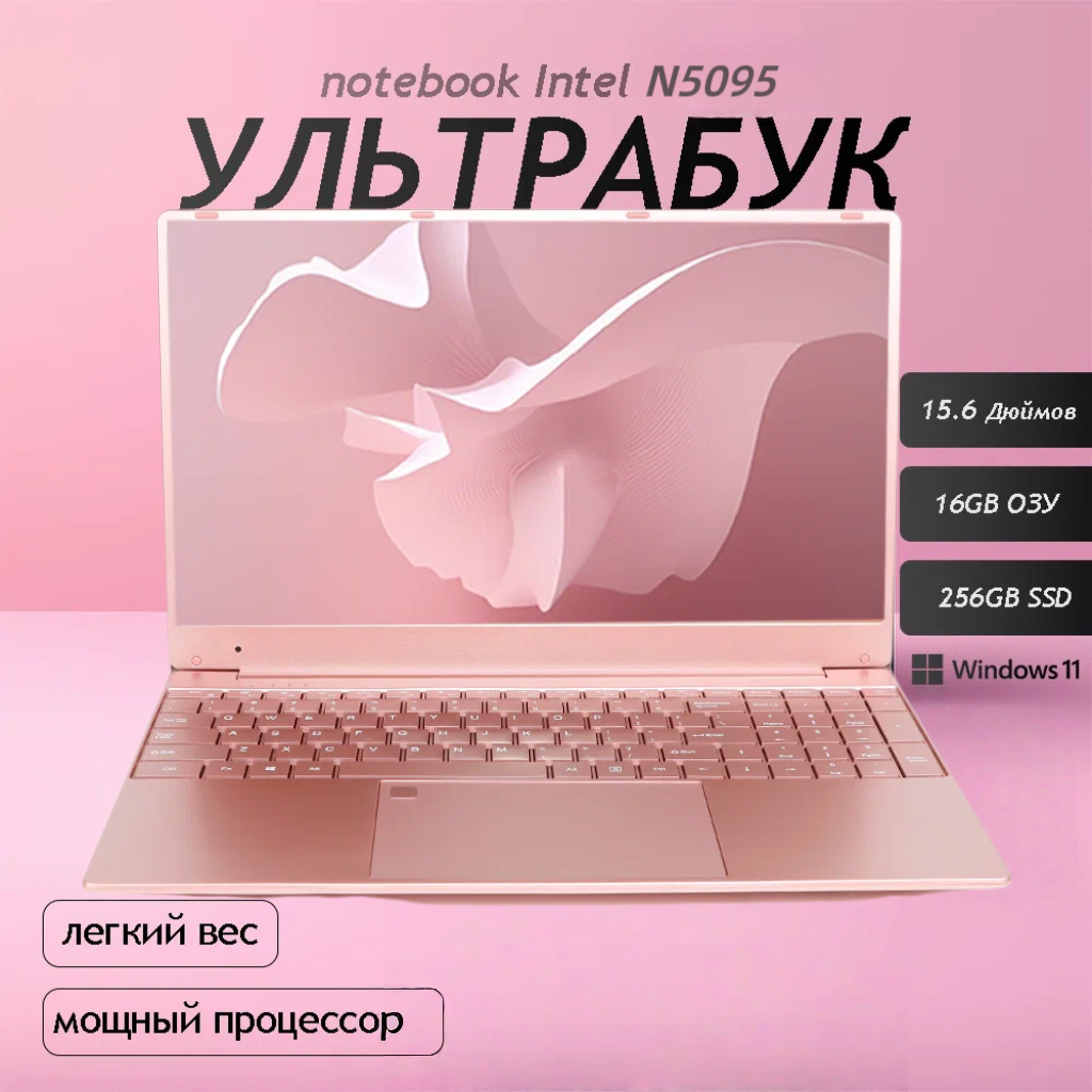 Ноутбук 15.6", Intel Celeron N5095 (2.9 ГГц), RAM 16 ГБ, SSD 256 ГБ, Intel UHD Graphics, Windows 11 Pro, Розово-Золотой, Русская раскладка