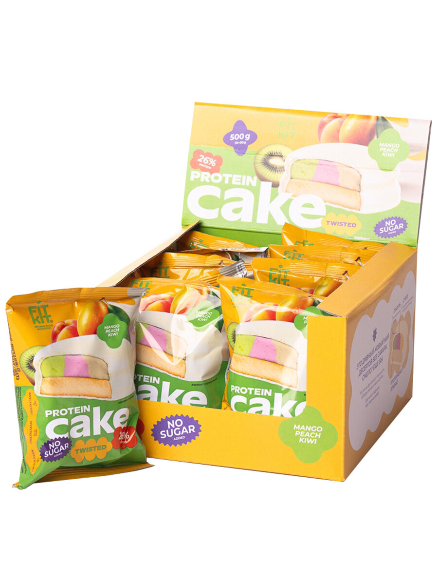 Протеиновое пирожное печенье без сахара FIT KIT Twisted Protein Cake - 10х50 г манго-персик-киви