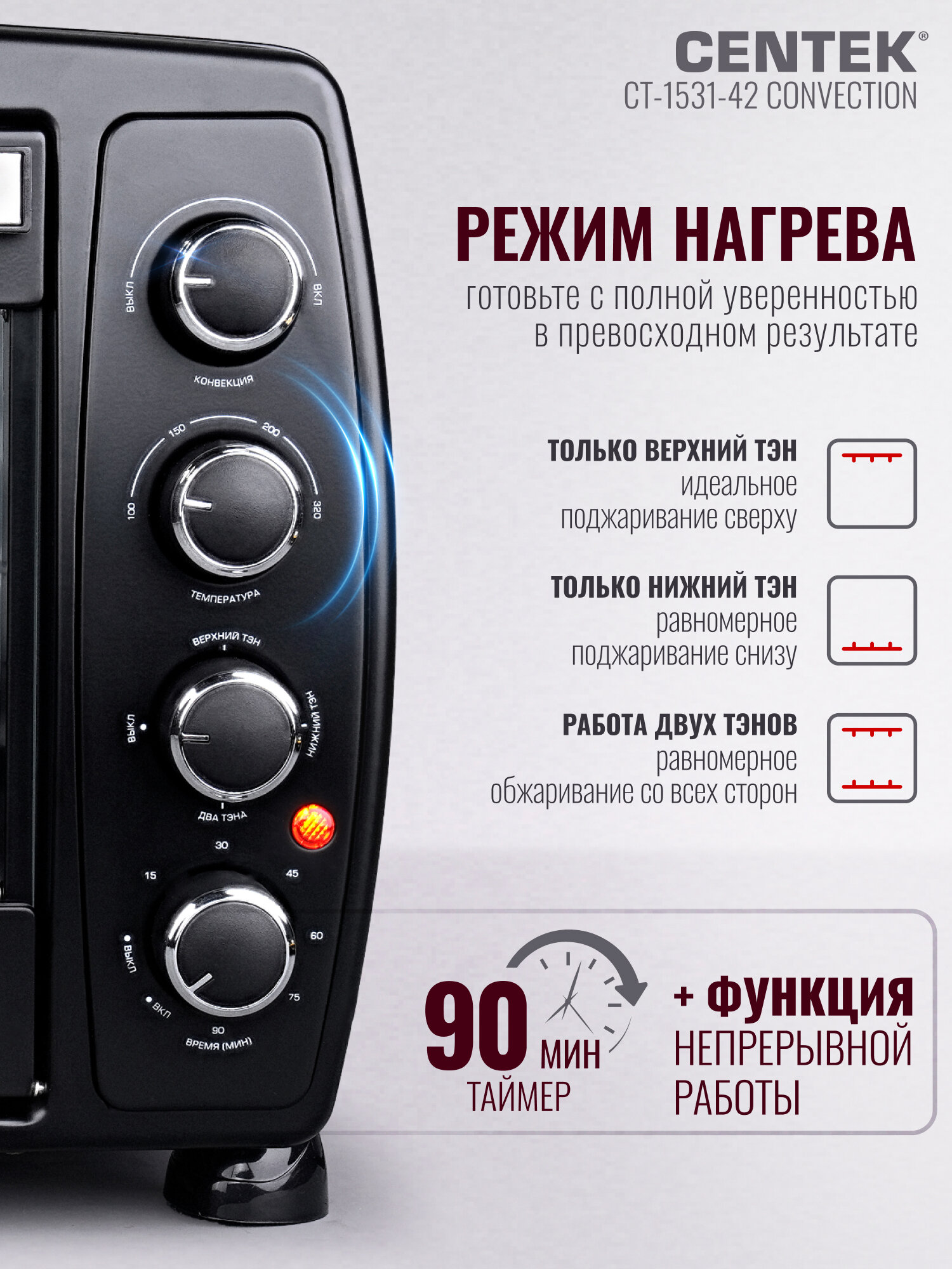 Мини печь с конвекцией Centek CT-1531-42 Convection объём 42 л, 1600 Вт, таймер 90 мин, 5 режимов работы — фото 1