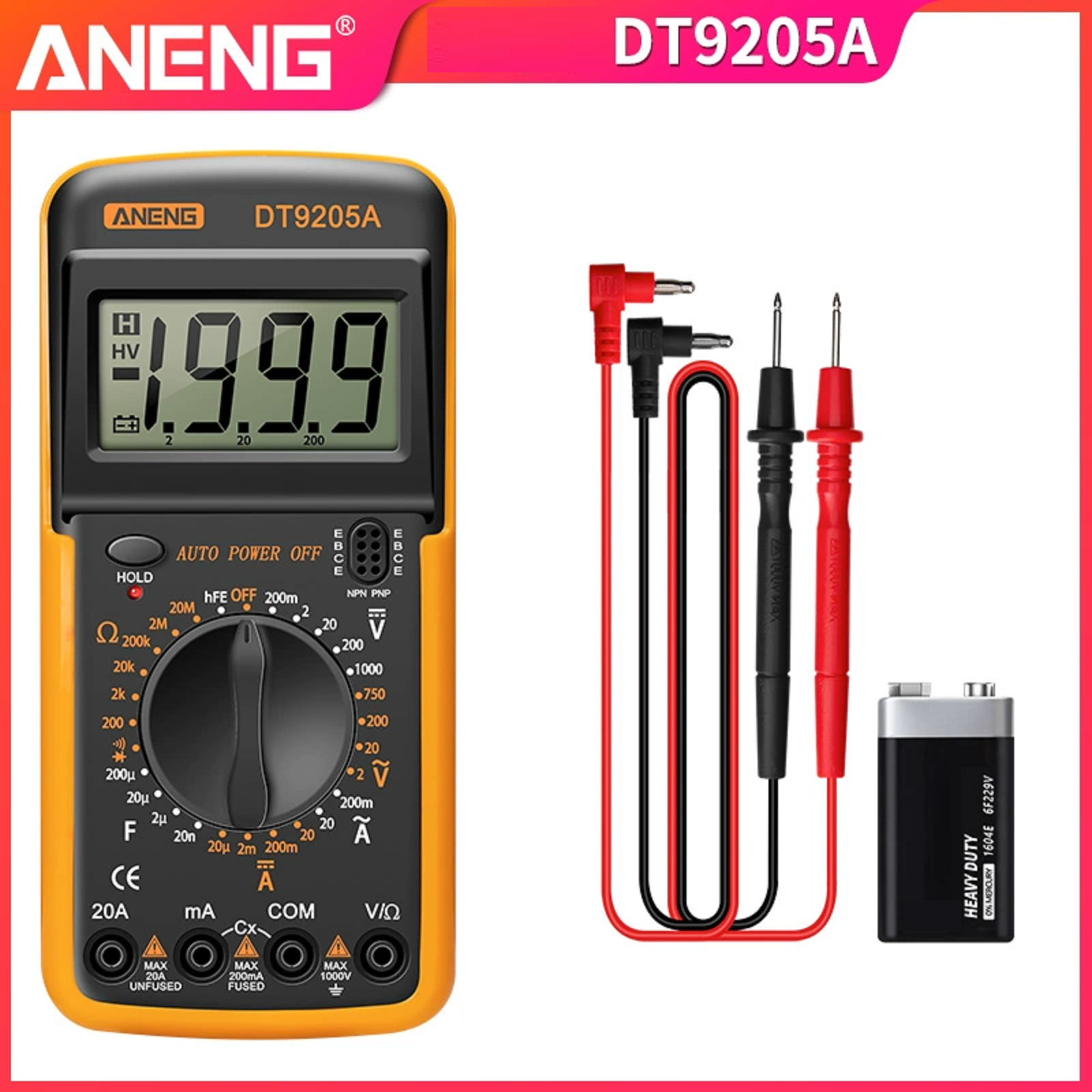 Цифровой Мультиметр ANENG DT9205A, измерения: V, A, R, C, функция hFE