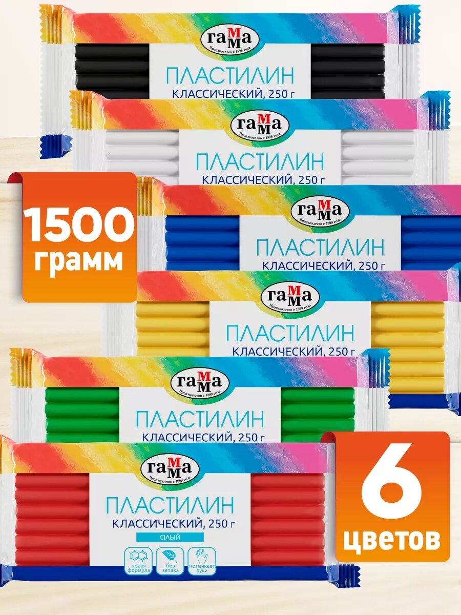 Пластилин Гамма "Классический", 6 цветов, 1500г, картон. упаковка — фото 1