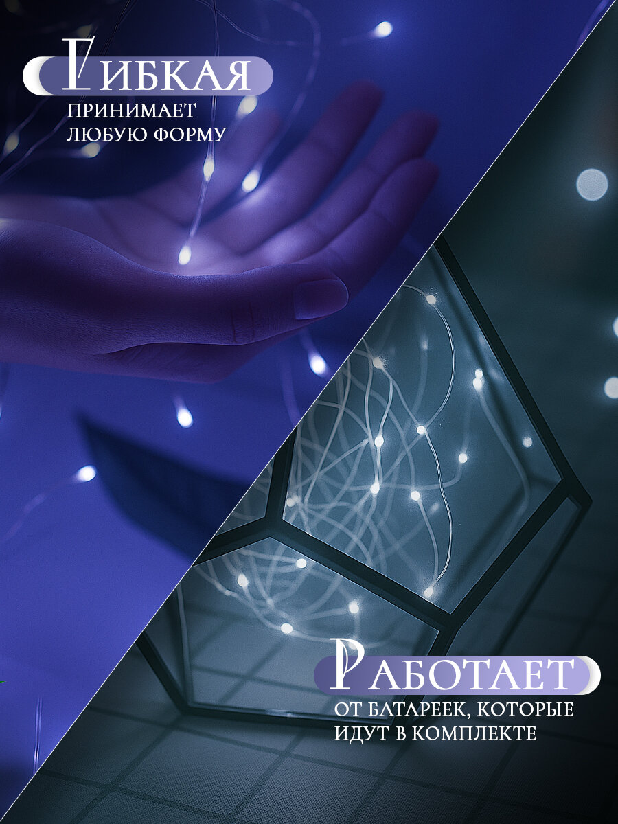 Гирлянда «Нить» роса Luazon Lighting, 1м, IP20, 10 LED, 3 режима, батарейка AG13х3 (в комплекте), свечение белое — фото 1