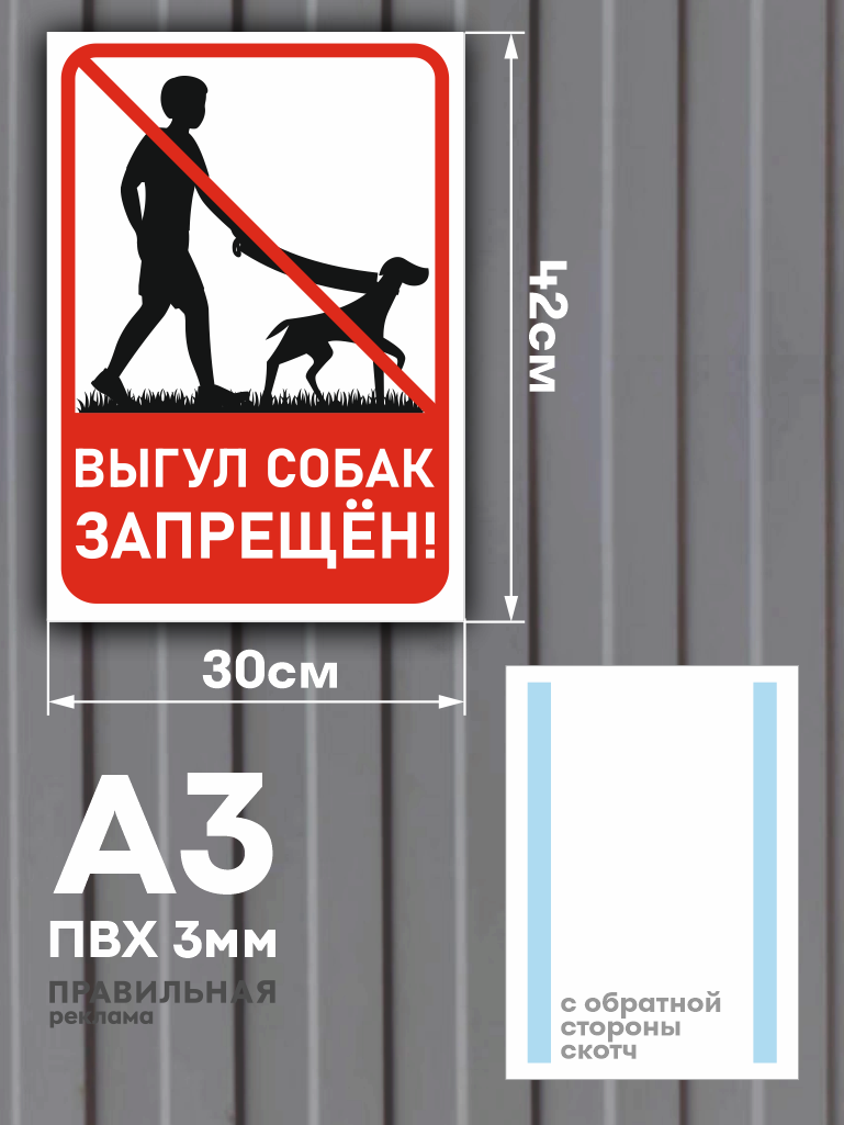 Табличка А3 (30х42 см) "Выгул собак запрещён" (жесткий пластик / скотч / ламинация) — фото 1