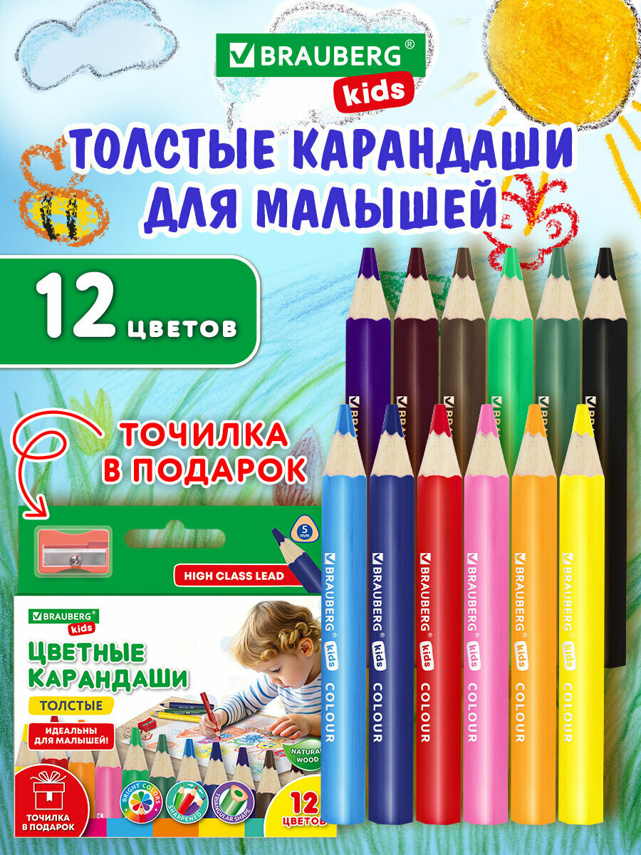 Карандаши цветные для рисования толстые для детей и малышей, набор 12 цветов, утолщенные, с точилкой, Brauberg Kids, 182058