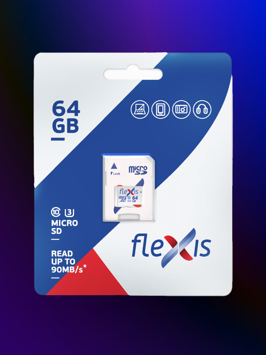 Карта памяти 64 гб microSDXC 64GB UHS-1 U3, с адаптером, Flexis, FMSD064GU3A — фото 1