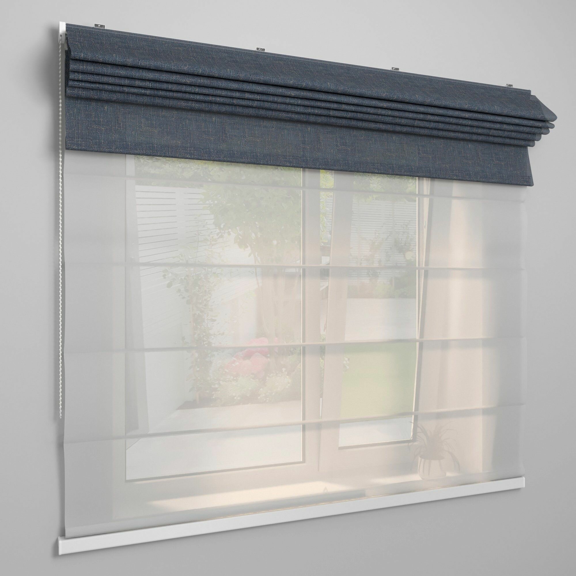 Римская штора день ночь на окно 160х170 см OLEXDECO Твинс Лён для кухни гостиной детской цвет темно-синий с закрытым карнизом one touch