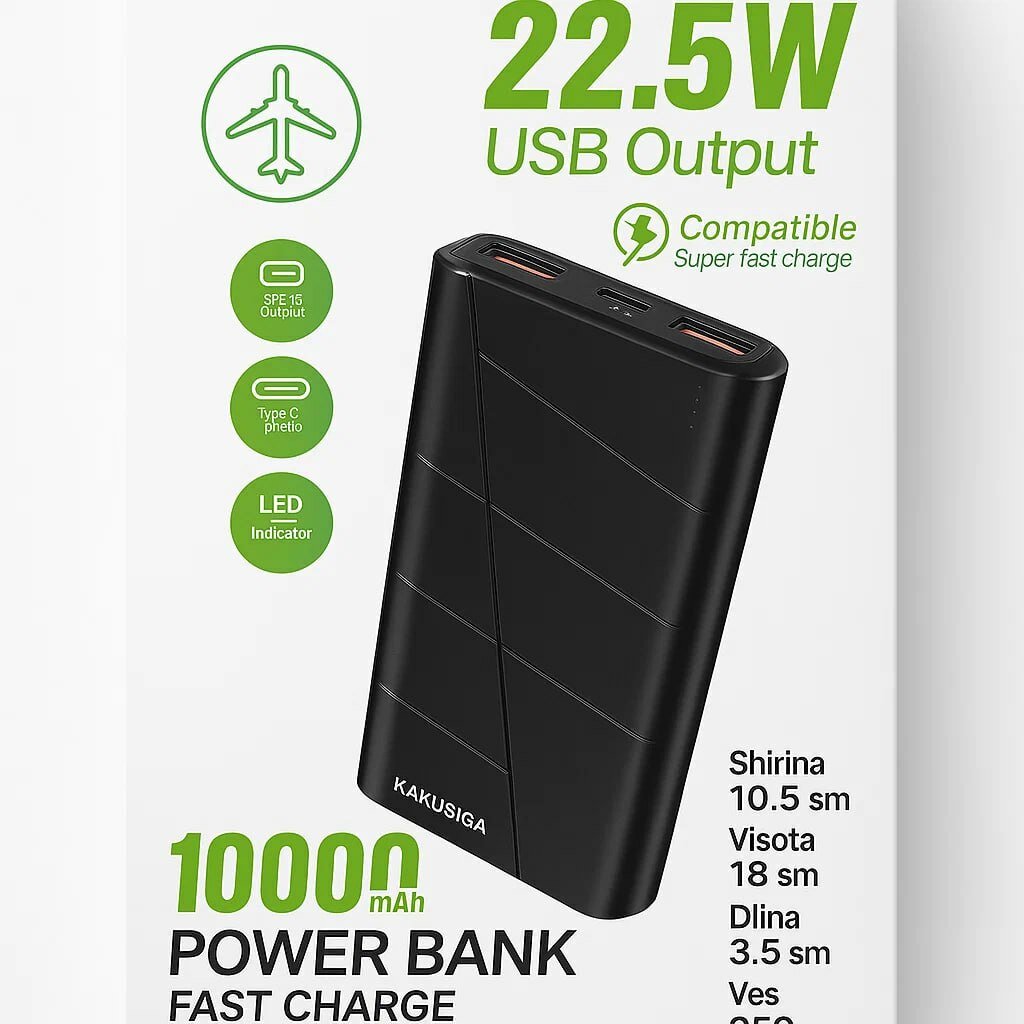 Внешний аккумулятор Kakusiga Tezkor Power Bank, 10000 mAh, быстрая зарядка, чёрный